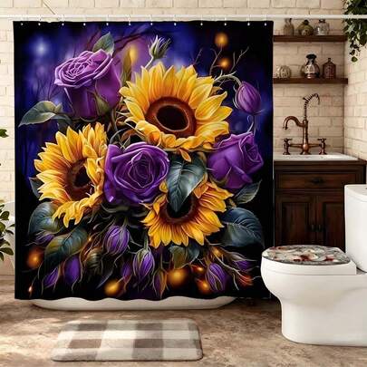 1pc Purple Rose & Sunflower Floral Shower Curtain With Hooks, Magical Floral Bathroom Shower Curtain, Starry Night Glow Bathroom Curtain Suitable For Romantic Bathroom Decor, Vibrant Floral Bathroom Accessories, Dreamlike Garden Enthusiasts' Bathroom Supplies, Bold Bathroom Curtain For Emotional Bathrooms, Bathroom Shower Curtain, Suitable For Charming Home Renovation