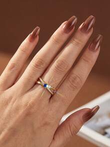 1枚S925纯银X形锆石戒指，精致女士首饰，生日/派对礼物 - 藍鋯 - 查看 7