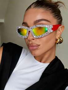 1pc Oversized Cat Eye Rhinestone Embellished , Y2K Exaggerated Avant-Garde Hip Hop Style, Versatile Fashion Party Glasses For Women, Suitable For Daily Outfit, Street Style, Vacation, Beach Party, Autumn/Winter - Khung màu đỏ với những viên kim cương bạc. - Xem 6