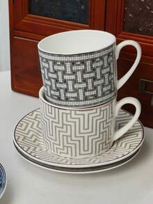 Cabin Kangaroo 北欧ins风几何图案陶瓷咖啡杯碟套装（1件）| 轻奢黑白迷宫设计下午茶杯 | 耐热奶茶杯，适用于家居、办公室、礼品 - 彩色 - 查看 2