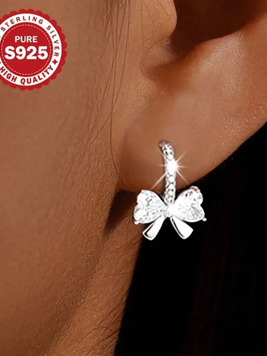 1 Pair S925 Sterling Silver Elegant Bowknot Stud Earrings, Women's Daily Wear Versatile Rhinestone Butterfly Earrings, Holiday Gift - Multicolor - View 1
