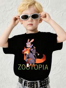 Disney Zootopia Judy & Nick Boys' Short Sleeve T-Shirt, Black Base Anime Print Top,  Cool Kids' Wear For Daily Outings - 黑色 - 查看 1