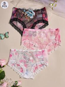3pcs Lace Sexy Embroidered Retro Palace Style Mature Charm Comfortable Breathable Transparent Panties - Multicolor - View 1
