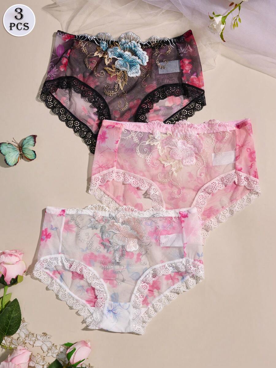 3pcs Lace Sexy Embroidered Retro Palace Style Mature Charm Comfortable Breathable Transparent Panties - Multicolor - View 1