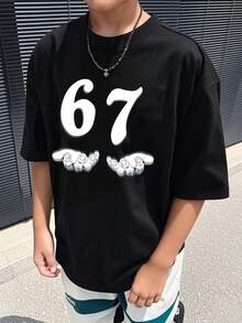 青少年男童数字印花圆领休闲宽松短袖T恤 - 黑色 - 查看 1