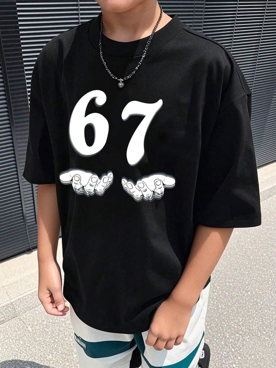 青少年男童数字印花圆领休闲宽松短袖T恤 - 黑色 - 查看 1