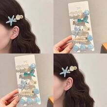 5 Pieces Ocean Style Sweet Shell Starfish Hair Clips Cute Mermaid Duckbill Clips Fashion Hair Accessories New Style - Bộ 5 món Nàng Tiên Cá Xanh - Xem 2