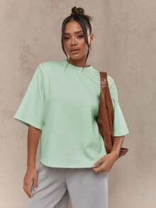 Valentine Outfits For WomenMISSGUIDED Oversized T Shirt Mock Neck Wide Half Sleeve Boxy Fit Casual Office Weekend Fall Winter Fashion Minimalist Vers - 薄荷綠 - 查看 12