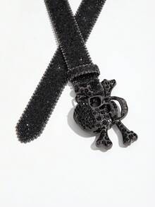 1pc Men's Black Skeleton Y2K Punk Glitter Casual Belt Jeans Versatile Waist Belt, Suitable For Daily Wear - Black Glitter Skull - View 3