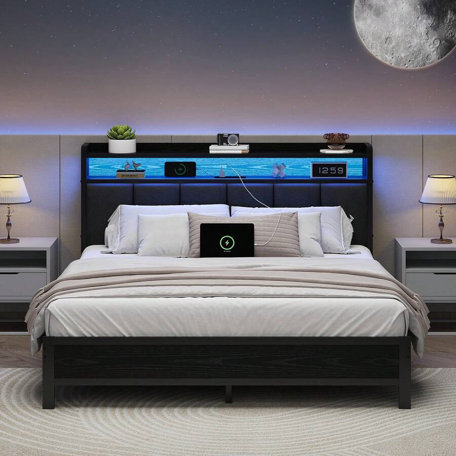 Upholstered Bed Frame With Charging Station, LED Bed Frame With Storage Headboard, Metal Platform Bed Frame With Heavy Duty Metal Slats, No Box Spring Needed, Easy Assembly, Black/ White/ Beige, Twin/ Full/ Queen/ King - 黑色 - 查看 1