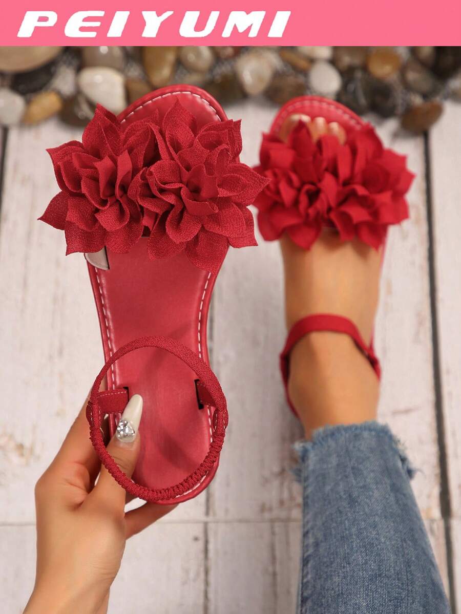 PEIYUMI Women's Sandals, Summer Beach Floral Decor Sandals, Stretchy Elastic, Easy To Carry - Red - View 1
