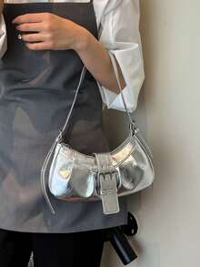 1 pieza Bolso de hombro/axila de mujer de gran capacidad, de cuero sintético suave con efecto ombré, decorado con remaches, estilo vintage motero punk, con correa ajustable, adecuado para trabajo, viajes, citas, fiestas - Plateado - Ver 4