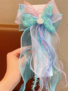 1pc Cute Mermaid Tail Ribbon Bow Hair Clip, Mermaid Sequin Ice Princess Mesh Barrette Hair Accessory - Multicolor - View 4