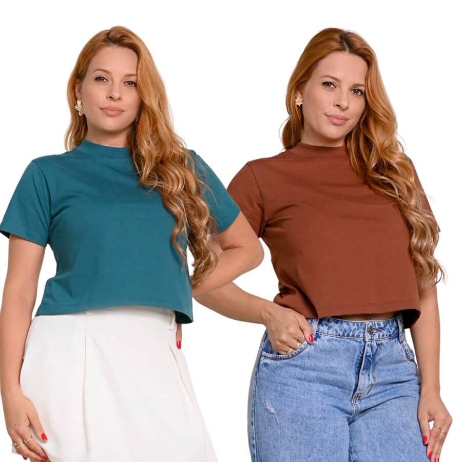 Kit 2 Cropped Manga Curta Gola Levemente Alta Redonda Cropped Minimalista Básico 100% Algodão Tendencia Verão Moda Blogueira Dia a Dia Trabalho Viagem