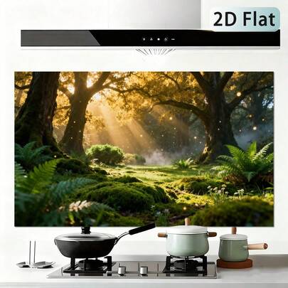 1pc Self-Adhesive Kitchen Countertop Splash Guard Wall Sticker, Forest Morning Light Theme, Easy To Install And Clean, Oil-Resistant, Size 50*90cm, Suitable For Wall Decoration In Dining Room, Living Room And Kitchen.