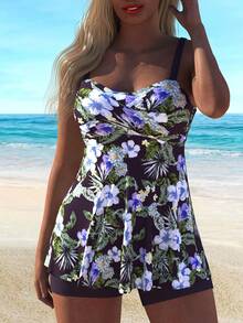 Solid-Color Floral Print Off-Shoulder Backless Plus-Size Tankini Resort Women's Swimsuit - 彩色 - 查看 3