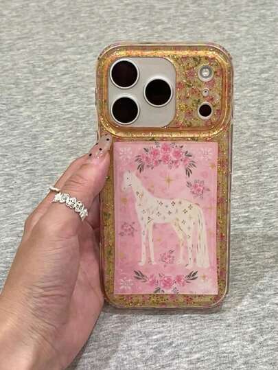 Horse Cute Cartoon Golden Glitter Rose Pony Design 17 Pro Max 16 15 Pro 14 Phone Case, Shockproof Protective Cover, Fashionable Aesthetic For Girls