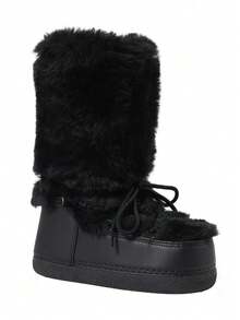 Women's Winter Furry Snow Boots Lace Up Round Toe Platform Boots Punk Goth Warm Fur Winter Snow Outdoor Shoes For Women - 黑色 - 查看 8