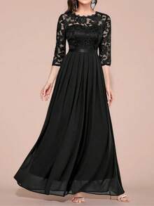 Vestido elegante de encaje floral para mujer,Vestido de fiesta de manga larga de chiffon de cuello redondo,Vestidos de mujer - Negro mate - Ver 3