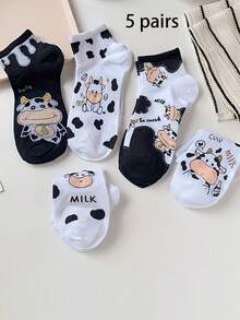 5 Pairs Of Japanese-Style Women's Socks, New Spring And Summer Low-Cut Socks, Cute Cartoon Cow, INS Style, Fashionable Student Creative Short Socks - Multicolor - View 6
