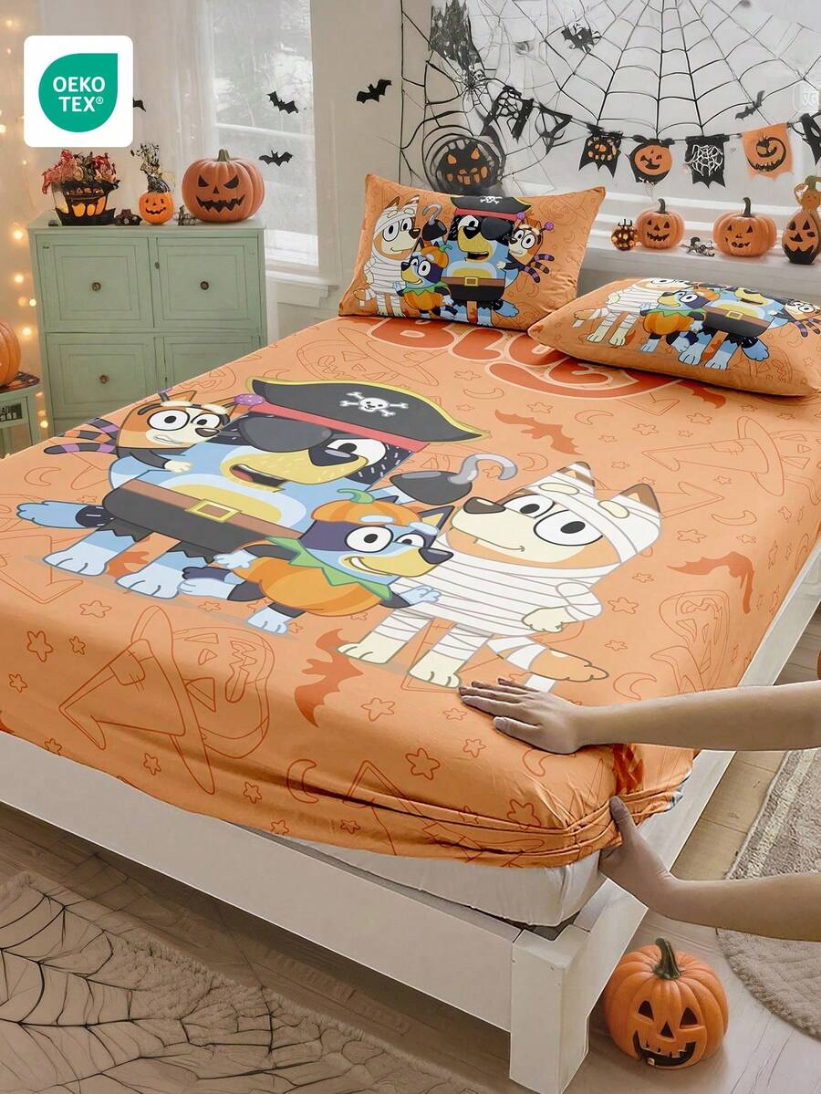Bluey 万圣节数码印花床单，床上用品，床垫保护套，床罩，床笠，舒适家纺，透气防起球床垫保护套，柔软亲肤，卡通图案床罩装饰 - 彩色 - 查看 1