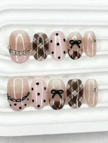 10片粉色法式水钻圆点条纹波点蝴蝶结短椭圆手工可佩戴假指甲美甲用品（1张果冻贴纸+1个指甲锉）手工按压式指甲 - 粉色 - 查看 1