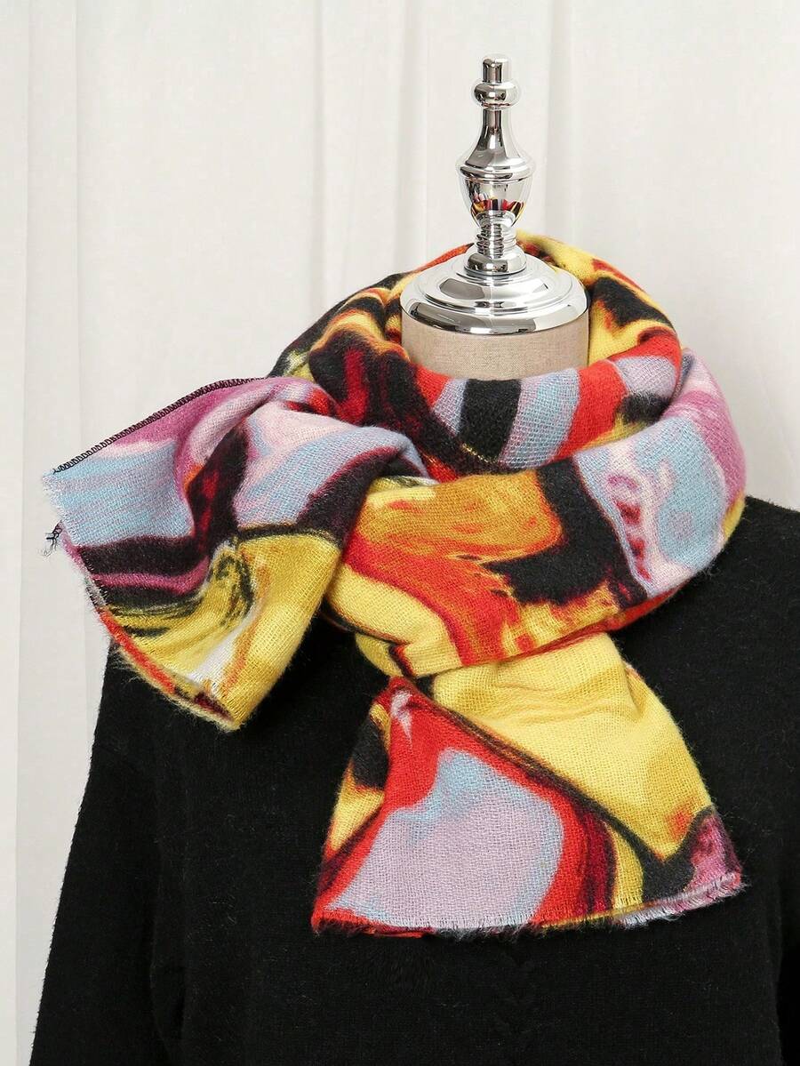 1pc Women's Autumn/Winter Faux Cashmere Tie-Dye Geometric Scarf, Thick Warm Tasseled Embroidered Bohemian Style Travel Shawl Poncho - Multicolor - View 1