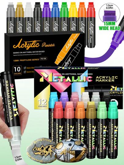 15mm Wide Acrylic Paint Marker Pens - 10 Vibrant Colors & 12 Metallic Colors, High Coverage, Large Ink Capacity, Layering Function, Suitable For Bold Graffiti And Art Creation