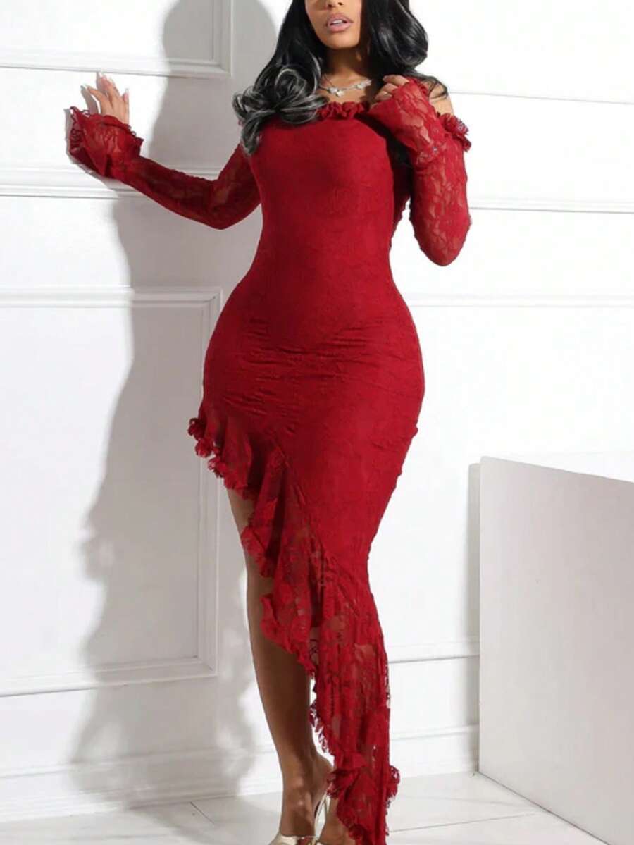 Fiesta Abierta Muslo Cremallera Asimétrico Formal y Noche - Rojo - Ver 1