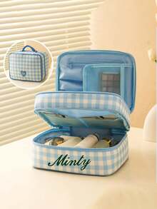 Personalized Embroidered Name Custom PVC Checkerboard Pattern Toiletry Bag, Women's Travel Makeup Organizer, Portable Large Capacity Cosmetic Bag, Birthday Bridesmaid Gift, 3 Colors Available - Multicolor - View 11