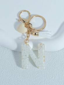 Shiny Marble Texture Uppercase English Resin Letter Set (26 Letters), 18K Gold Plated Lobster Clasp Chain Flat Ring 3 Pieces Set, Fashionable & Casual, Can Be Used As Cup Chain, Bag Chain, Phone Hanging Chain, Perfect For Birthday, Christmas Gifts, Car Accessories, Bag Charms, Campus Style, Gothic Style, Y2K Style - Beige - View 29