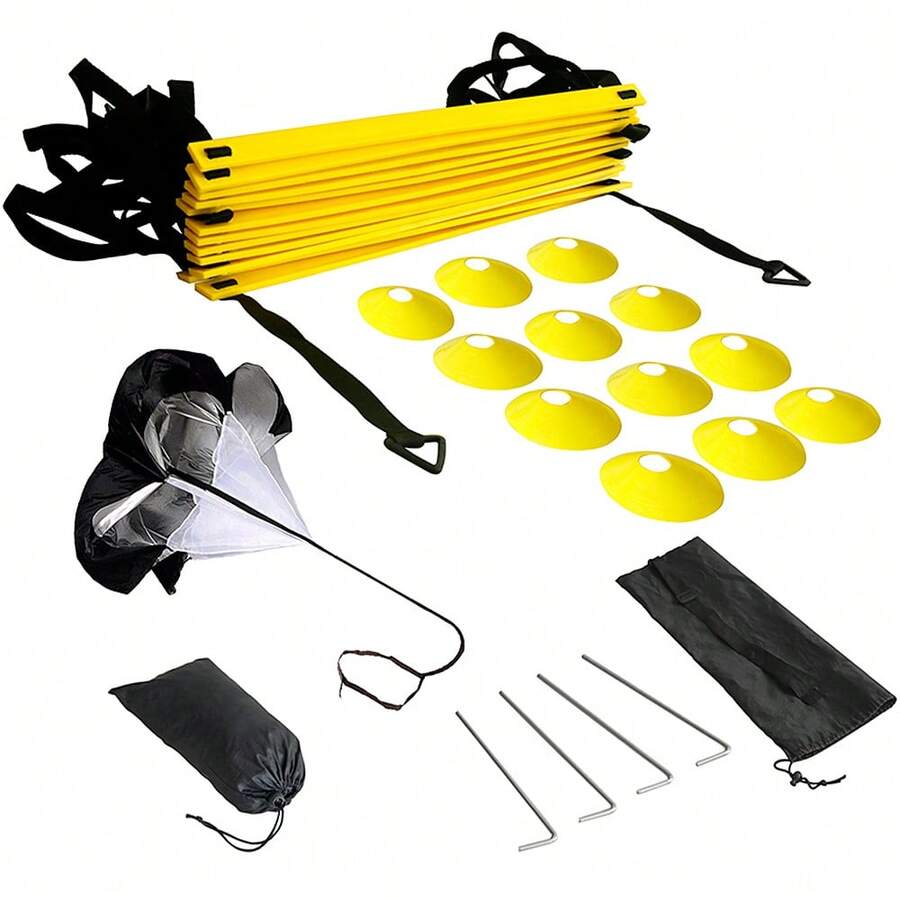 Kit de entrenamiento de velocidad y agilidad Escalera de agilidad Escalera de fútbol con 12 peldaños, 12 conos y 4 estacas Equipo de entrenamiento de fútbol Kit de entrenamiento de velocidad y agilidad para fútbol, baloncesto, béisbol y hockey - Amarillo - Ver 1