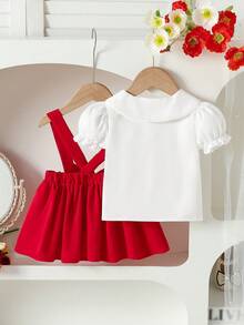 女婴可爱领心形图案泡泡袖荷叶边下摆纽扣衬衫配蝴蝶结肩带A字连衣裙两件套，时尚百搭，适合日常、派对、外出、春夏穿着。 - 彩色 - 查看 2