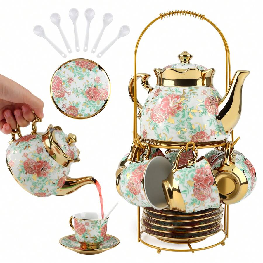 20-Piece Floral Teacup Set With Elegant Metal Tray - Porcelain Tea Service For Afternoon Tea, Coffee & Entertaining | Vintage European Style Ceramic Tea Cups & Saucers, Luxury Hostess Gift, Housewarming & Bridal Shower Gift Set - Multicolor - View 1