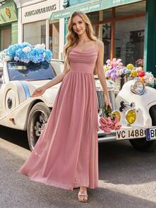 Chiffon Elegant Long Bridesmaid Dress, Spaghetti Straps, Thigh High Slit Zipper Design - Pink - View 5