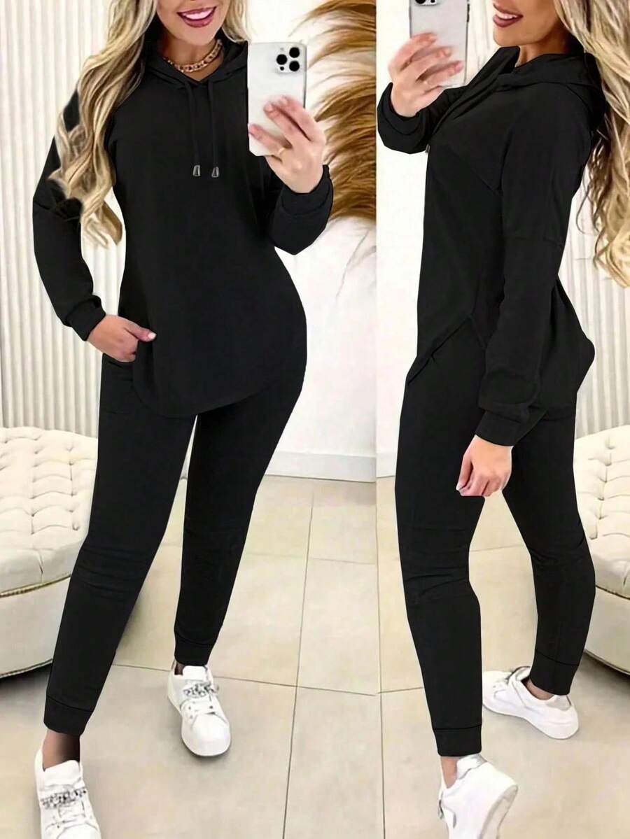 2pcs/Set Solid Color Long Sleeve Hoodie And Sport Pants Fall Cloth For Women,Women's Casual 2-Piece Set, Solid Color Elegant Long Sleeve Hooded Sweatshirt With Drawstring Pockets And Straight Leg Drawstring Pants - màu đen - Xem 1