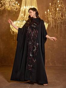 UNITHORSE Women's V-Neck Long Sleeve Applique Evening Dress - Black - View 4