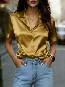 女士优雅金色常规袖缎面衬衫，前扣针织面料上衣 - 芥末黃 - 查看 4
