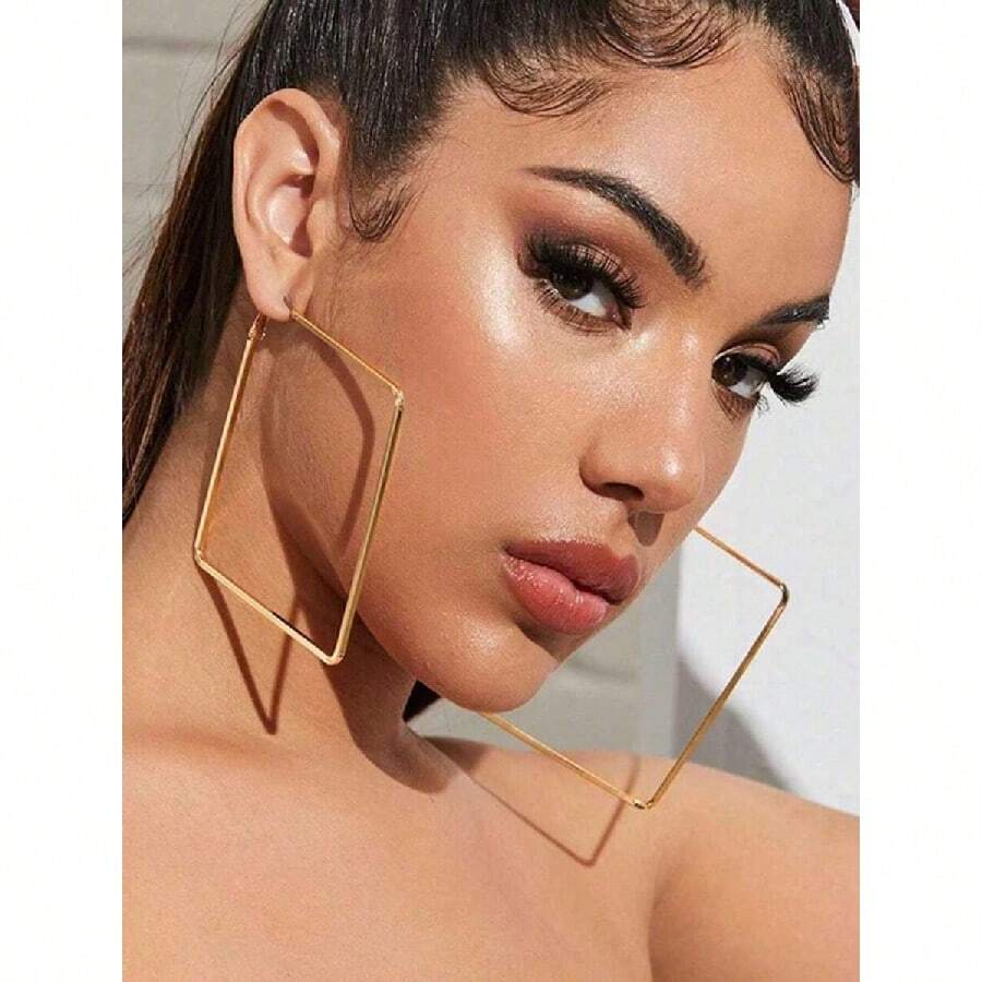 1 Pair Oversized Geometric Square Hoop Earrings, Exaggerated Fashion Classic Earrings For Women's Daily Wear - 黃金 - 查看 1