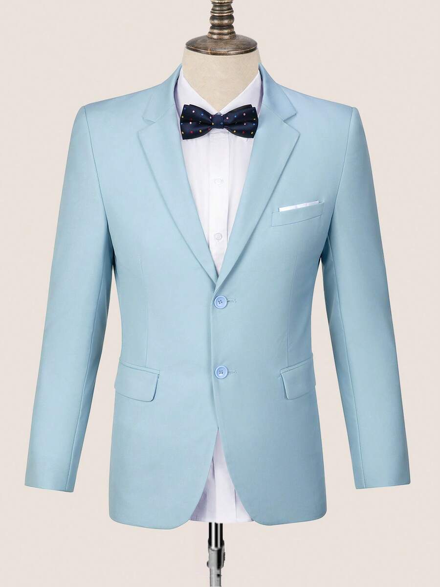 Men's Solid Color Long Sleeve Lapel Front Button Business Wedding Casual Lapel Blazer Formal Dress Two Button Business Casual Elegant Slim Fit Suit - 淺藍色 - 查看 1