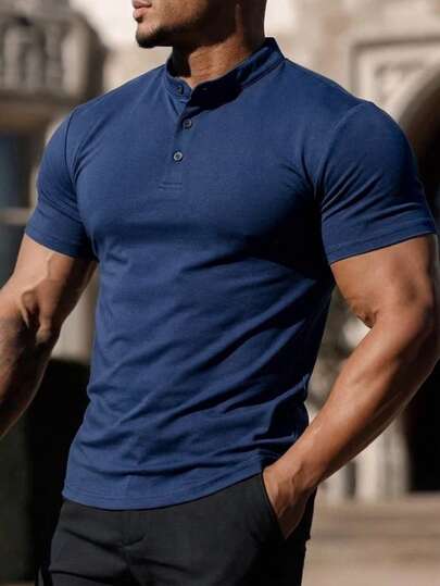 男士休闲纯色亨利领短袖T恤，夏季