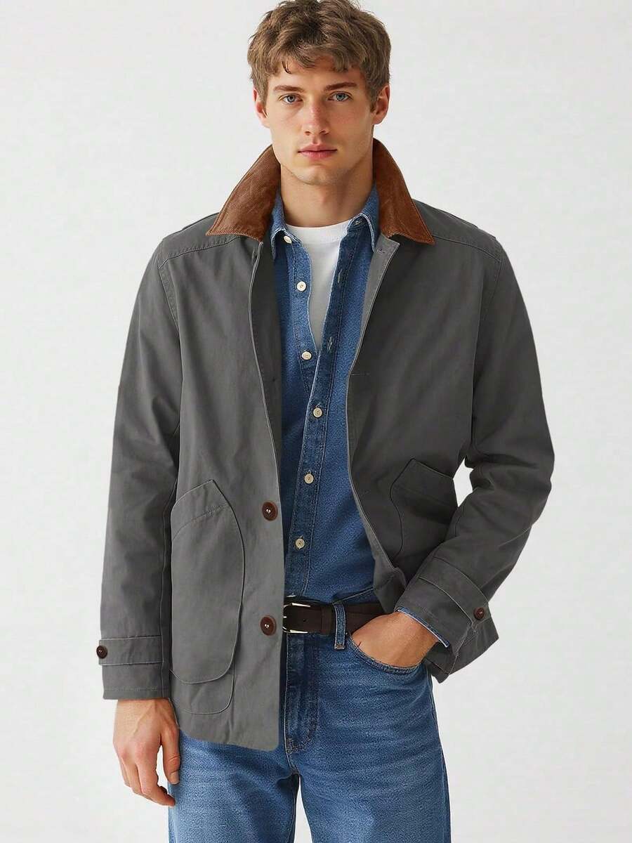Runcati Chaqueta militar de algodón vintage para hombre, ligera, con botones, bolsillos y casual para exteriores, ideal para primavera - Gris Oscuro - Ver 1