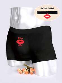 Men's Black Lip Print Briefs, Elastic Comfortable Everyday Underwear, Paired With Necklace - Black - View 1