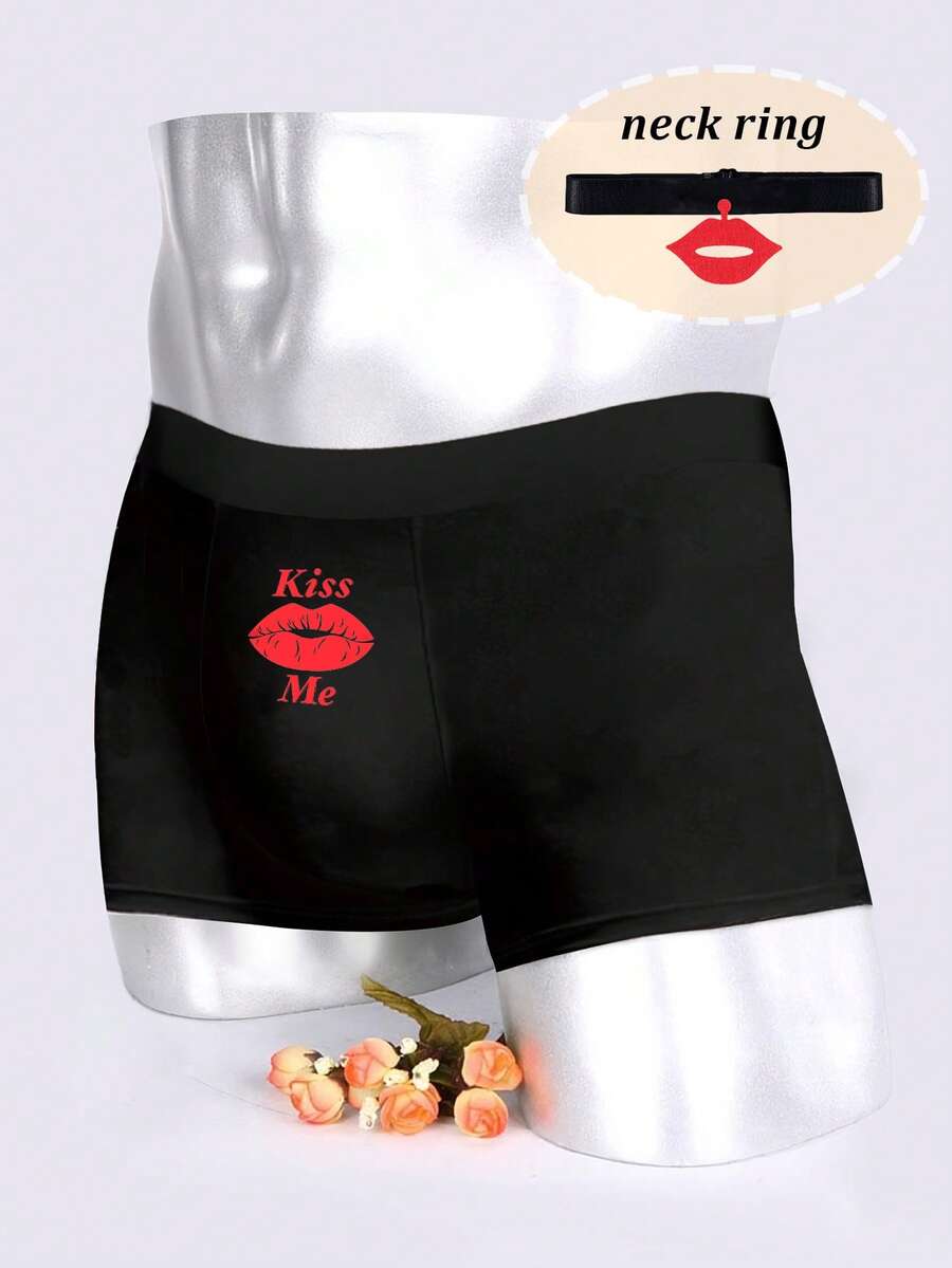 Men's Black Lip Print Briefs, Elastic Comfortable Everyday Underwear, Paired With Necklace - Black - View 1