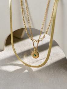 3pcs/Set Stainless Steel Geometric Pendant Necklace Set With Layered Cross Chain, Green Zirconia Inlaid, Suitable For Women Casual & Holiday Wear - Yellow Gold - View 6