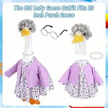 Old Lady Costume Outfit For Porch Goose Statue Glasses Curly Wig Floral Print Dress Cardign And Pearl Necklace Set - 5件 - 查看 2