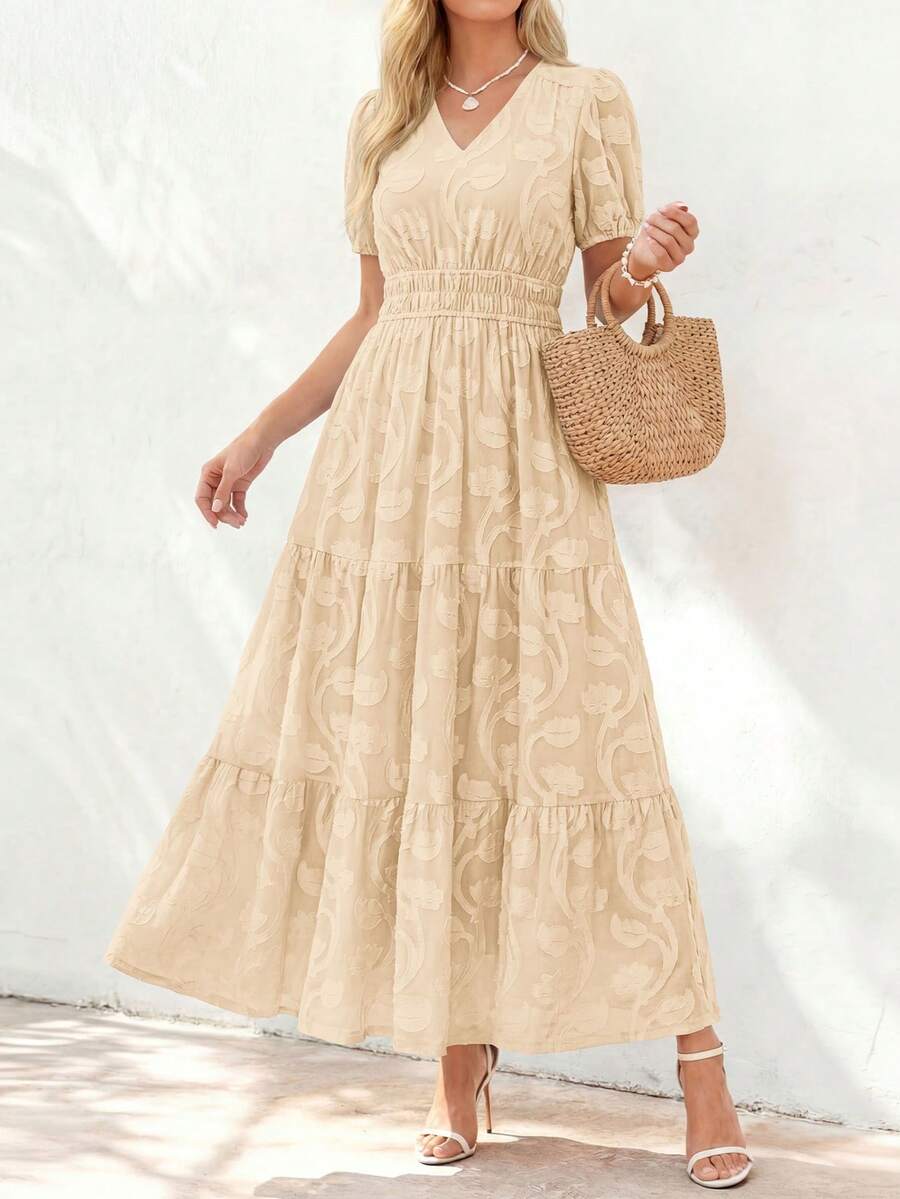 Women's Boho Maxi Dress, Summer Short Sleeve V-Neck Floral Flowy A-Line Long Dress, Formal For Wedding Guest & Baby Shower - 杏色 - 查看 1