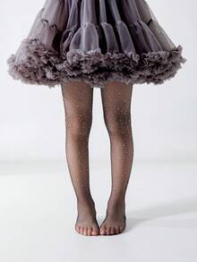 1 pieza Medias ligeras para niños, decoradas con brillantes de rhinestone, mallas versátiles de uso casual y deportivo, adecuadas para uso diario y como regalo de vacaciones - Blanco y Negro - Ver 2