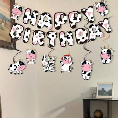 1 Set Pink Cow Farm Theme Birthday Party Banner, Cow Birthday Party Spiral Hanging Decor, Farm Animal Party Streamer Decorations, Suitable For Indoor/Outdoor Garden Hanging Decor, Party Decorations, Graduation Ceremony, Back To School, Easter, Mother's Day, Father's Day And Wedding, Durable Paper Hanging Decor (No Electricity Required)