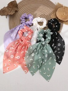 5个装女士简约优雅雏菊印花兔耳发圈，适合日常、节日、休闲、派对等场合，可搭配马尾辫发圈使用 - 彩色 - 查看 5